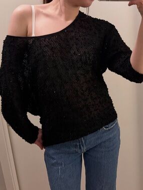 Kenar Black Off-the-Shoulder Textured Sweater